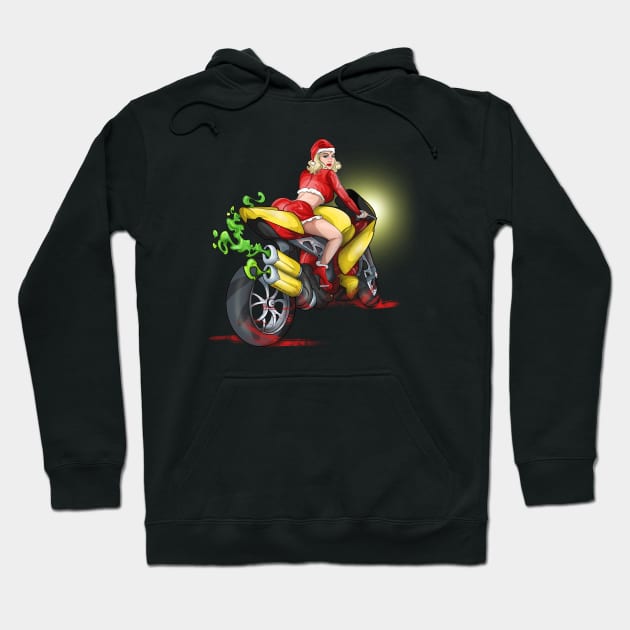 Christmas Motorcycle Babe Biker Girl Santa Hoodie by Trendy Black Sheep